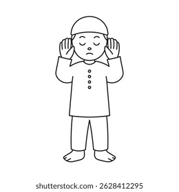 Muslim Boy in Prayer Pose – Islamic Outline Coloring Page for Kids