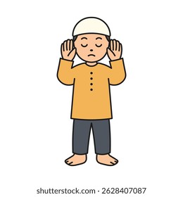 Menino muçulmano em Pose de oração - Takbiratul Ihram Vetor de adoração islâmica