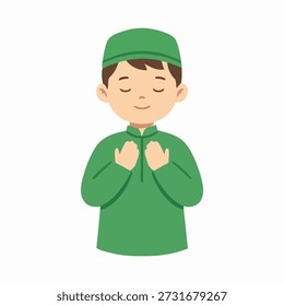 Niño musulmán que reza con las manos en el pecho, Ilustración vectorial plana que representa la fe, la devoción y la adoración islámica