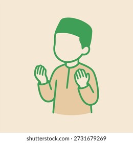 Niño musulmán que reza con las manos en el pecho, Ilustración vectorial plana que representa la fe, la devoción y la adoración islámica