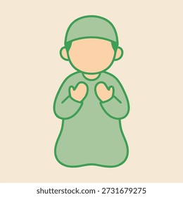 Niño musulmán que reza con las manos en el pecho, Ilustración vectorial plana que representa la fe, la devoción y la adoración islámica