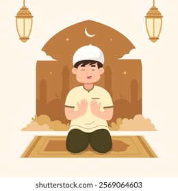 Muslim boy praying in the mosque 
