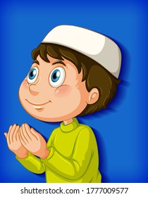 Muslim boy praying on colour gradient background illustration