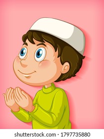 Muslim boy praying on colour gradient background illustration