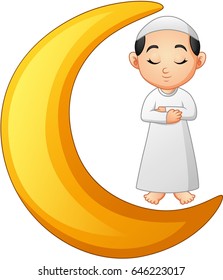 Muslim boy praying on the crescent moon