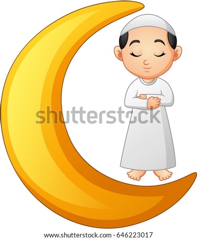 Muslim boy praying on the crescent moon