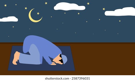 Muslim boy praying on mate in the night, man praying salah, boy in the sujood (sajdah) illustration 