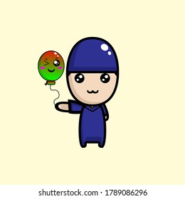 Muslim Boy With Purple Outfit Holding A Winking Green Balloon