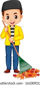 Muslim boy raking leaves on isolated background illustration