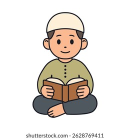 Muslim boy reading book cartoon illustration-Islamic child character vector
