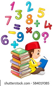 Muslim boy reading book with numbers illustration