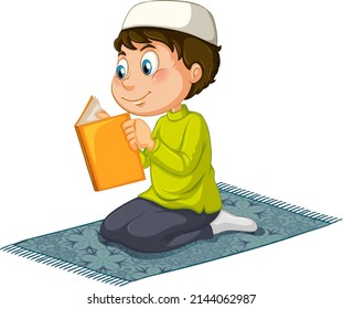 Muslim boy reading book on white background illustration