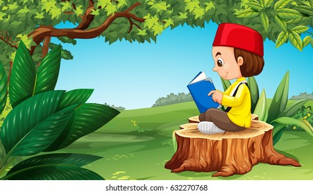 Muslim boy reading book in park illustration