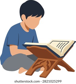 Muslim boy reading a holy book on a traditional wooden stand. Flat vector of a boy in a blue shirt sitting cross-legged reading a holy book on a traditional wooden stand. Minimalist style on grey. Ideal for religious education or Ramadan posters.