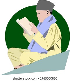 Muslim boy reading holy Quran for Ramadan activity vector illustration design. People Recitation Quran. Daily activities of Muslim people. Ramadan's activity. Pray when fas