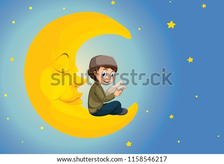 A muslim boy reading on the moon illustration