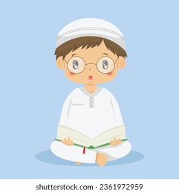 Muslim boy reading Quran character vector. cute Muslim boy in white clothes and wearing glasses, holding and reading Quran.