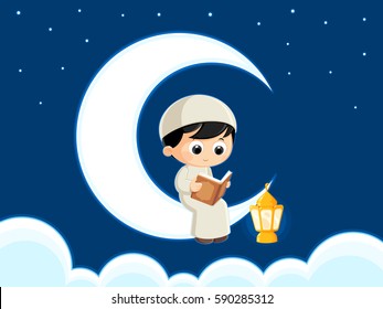 a Muslim boy Reading Quran (Quran is the holy book of Islam) , Ramadan greeting card