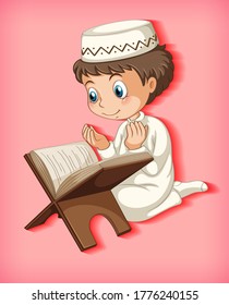 Muslim boy reading from the quran illustration