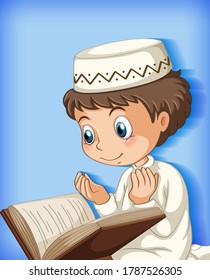 Muslim boy reading from the quran illustration