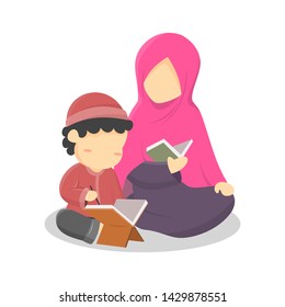 A muslim boy reading or reciting quran with his muslimah mother.