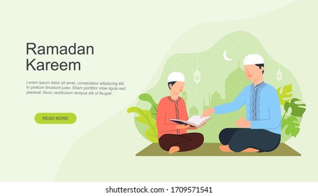 Muslim boy recites Quran with her father concept. Islamic illustration design for Landing page templates, UI, Story board, Book Illustration, Banners and Social media