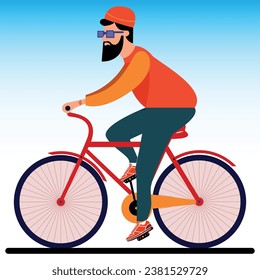 Muslim boy riding bicycle illustration .Happy smiling man with beard in orange sweater and jeans riding red cycle in the open sky. 