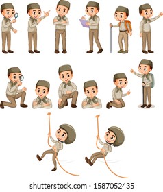 Muslim boy in safari outfit doing different actions illustration