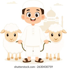 Muslim Boy with Sheep for Eid al-Adha Celebration Cartoon Illustration. Cute cartoon vector of a Muslim boy in traditional white attire holding two sheep with a mosque in the background. 