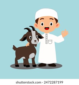 muslim boy with sheep in flat design style, vector Illustration for eid al adha mubarak character.