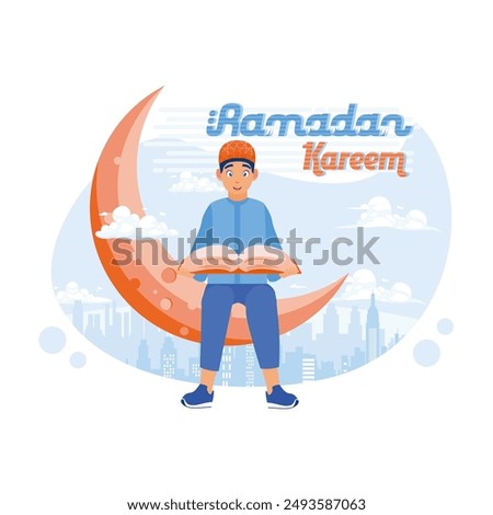 Muslim boy sitting on the crescent moon. Reading the Quran with clouds and urban background. Ramadan Kareem concept. Flat vector illustration.