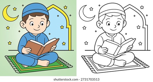 Muslim boy sitting on a prayer mat while reading the Quran.
A cute Islamic kids illustration suitable for coloring pages, educational materials, Ramadan activities, and religious learning content. Main object and background are separated for easy editing and reuse.