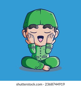 Muslim Boy Sitting and Pray Cartoon Vector Icon Illustration. People Religion Icon Concept Isolated Premium Vector. Islamic Cartoon illustration.