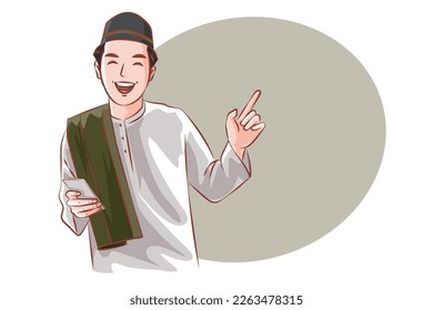 Muslim boy smiling happy while holding mobile phone and pointing to the free space side. Vector cartoon.