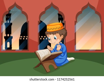 A muslim boy study at mosque illustration