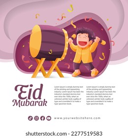 Muslim Boy With Traditional Drum or Bedug in Eid Al Fitr Mubarak Celebration Social Media Post Template