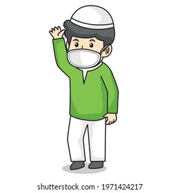 Muslim boy use green dress traditional muslim. greeting hello to another muslim in ramadan month, using mask and healthy protocol.Vector character illustration.