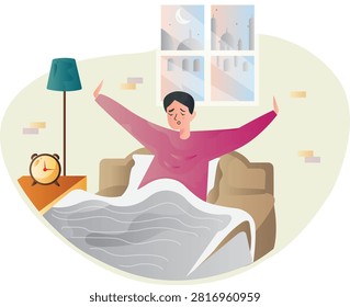 Muslim boy waking up for Suhoor before dawn during the holy month of Ramadan. Flat vector illustration featuring the pre-dawn meal, Islamic lifestyle, fasting preparation, and Ramadan Kareem celebration for greeting cards, websites, mobile apps, and educational content.
