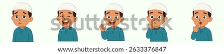 Muslim boys in sequence showing thinking, sad, and happy expressions – cartoon character set