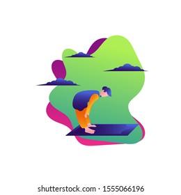 Muslim boys teach the prayer process, flat design illustration,
Greeting Post for Islamic Theme, Mawlid al-Nabi or Birth of the Prophet
