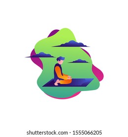 Muslim boys teach the prayer process, flat design illustration,
Greeting Post for Islamic Theme, Mawlid al-Nabi or Birth of the Prophet
