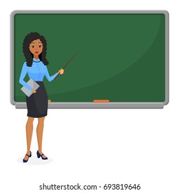 Muslim or Brazilian looking woman teacher standing in front of blackboard teaching student in classroom at school, college or university. Flat design of fashion brazil or arab female character.