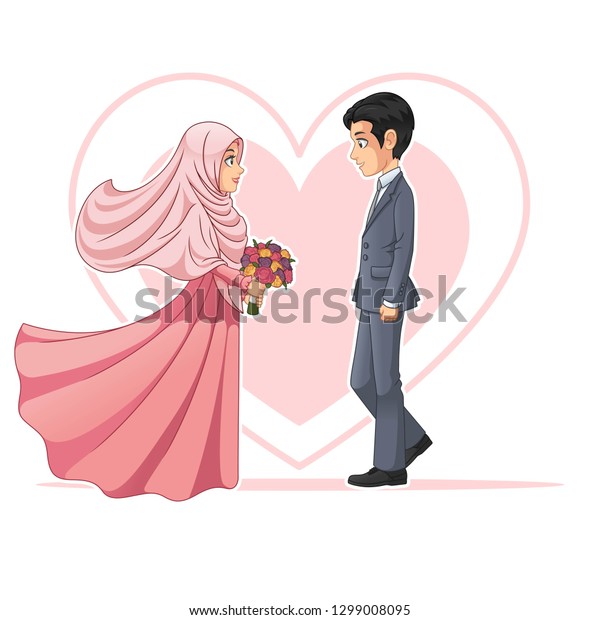 お互いを見合うムスリムの新郎新婦が漫画のキャラクターデザインベクターイラスト のベクター画像素材 ロイヤリティフリー