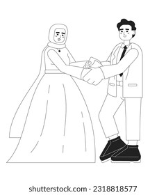 Muslim bride and groom reception monochromatic flat vector characters. Woman in bridal lehenga with hijab. Editable line full body people on white. Simple bw cartoon spot image for web graphic design