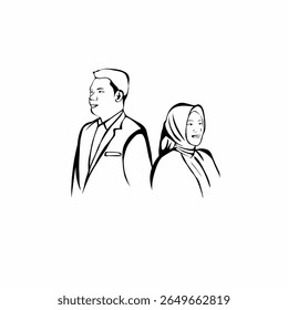 Muslim bride and groom silhouette back view vector illustration