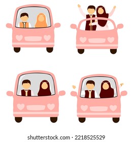 Muslim bride and groom using a car