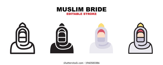 Muslim Bride icon set with different styles. Icons designed in filled, outline, flat, glyph and line colored. Editable stroke and pixel perfect. Can be used for web, mobile, ui and more.