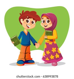 Muslim Brother and Sister Holding Holy Quran Books