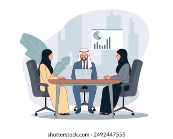 Muslim business meeting. Women and man in national costumes at negotiating table, startup presentation, charts and graphs, partnership discussion cartoon flat isolated vector concept