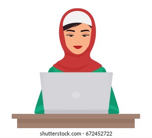 Muslim business pretty woman in traditional clothing working on laptop isolated. Arabian female Vector illustration.